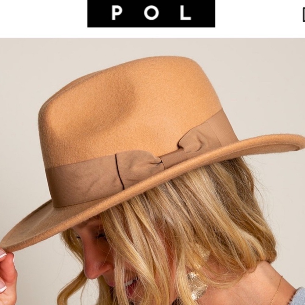 POL Tan Wool Wide Brim Bow Fedora Hat
